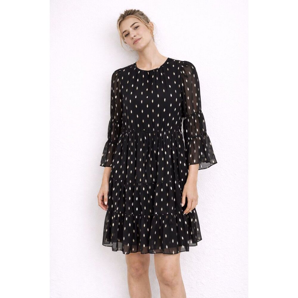 DKNY Metallic Chiffon Mini‎ Dress Black Gold Sz 6